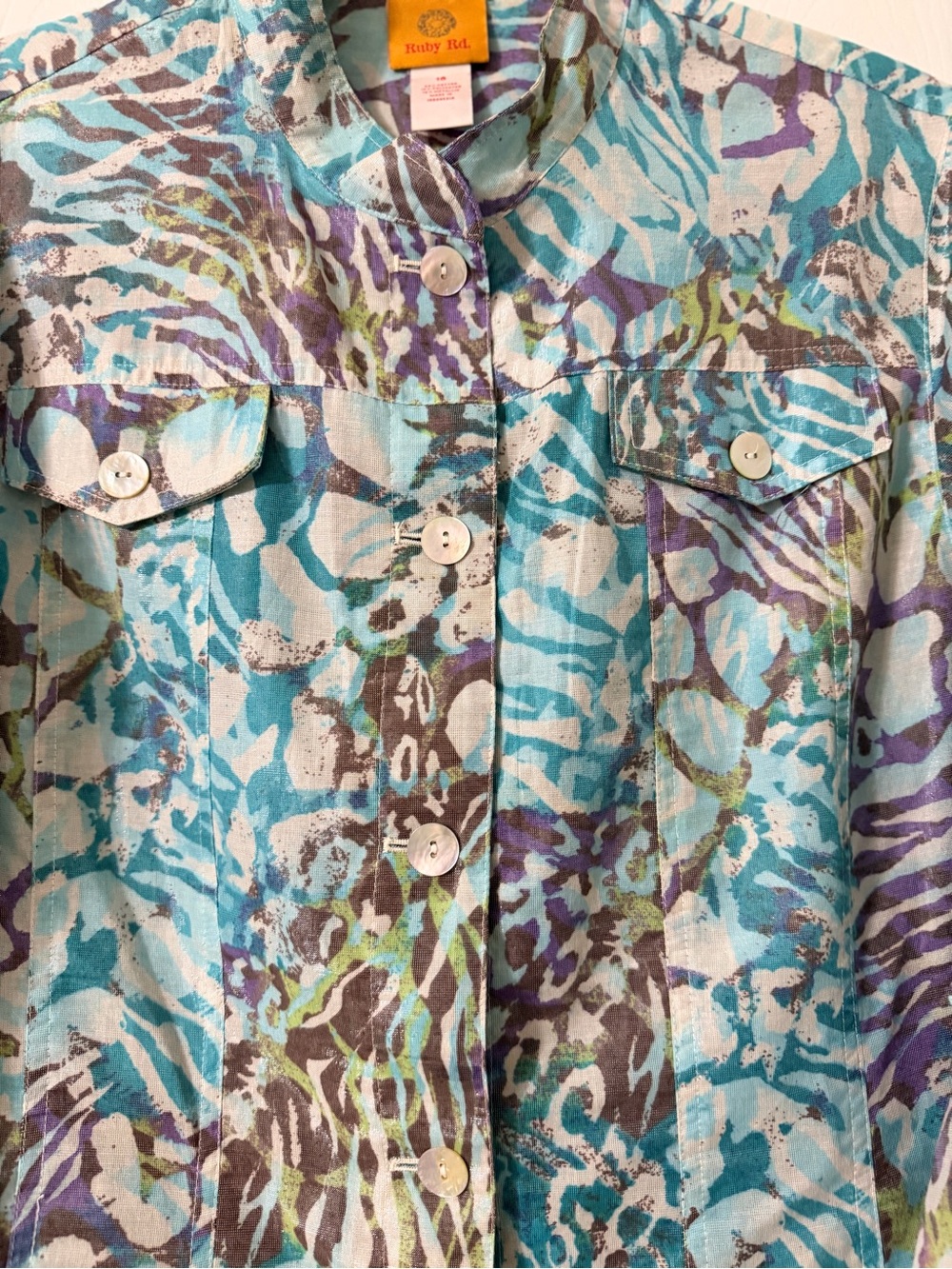 Ruby Rd. Turquoise Purple Multi-Print Button Front Shirt Jacket - Picture 3 of 9